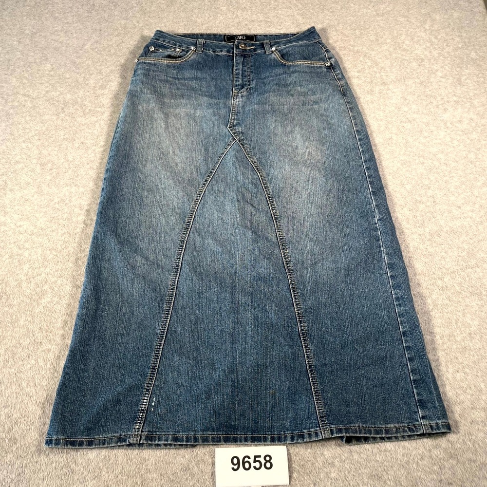 Cato A Line Skirt Womens 6 Blue Denim Cotton Stretch Whiskers Detail Back Slit